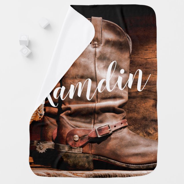 Personalized Baby Blanket Cowboy Boots Barn Wood R (In Situ)
