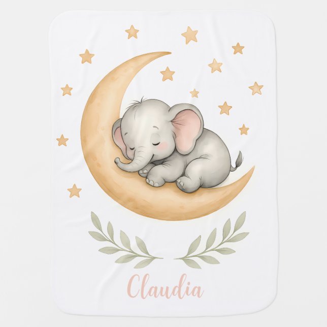 Personalized Baby Blanket | Cute Elephant on Moon  (Front)