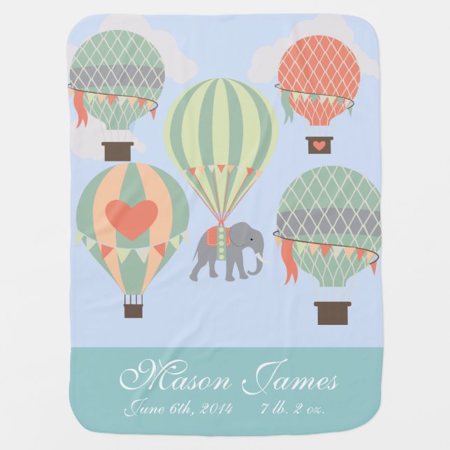 Personalized Baby Blanket Hot Air Balloon Elephant (Front)