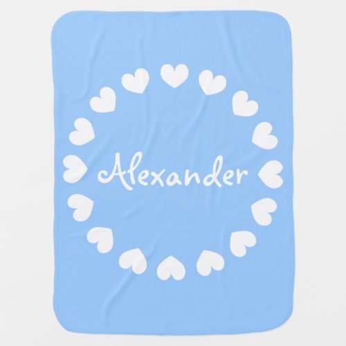 Personalized baby blanket in blue and white hearts