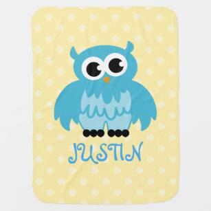 Personalized baby blanket in cute blue owl bird