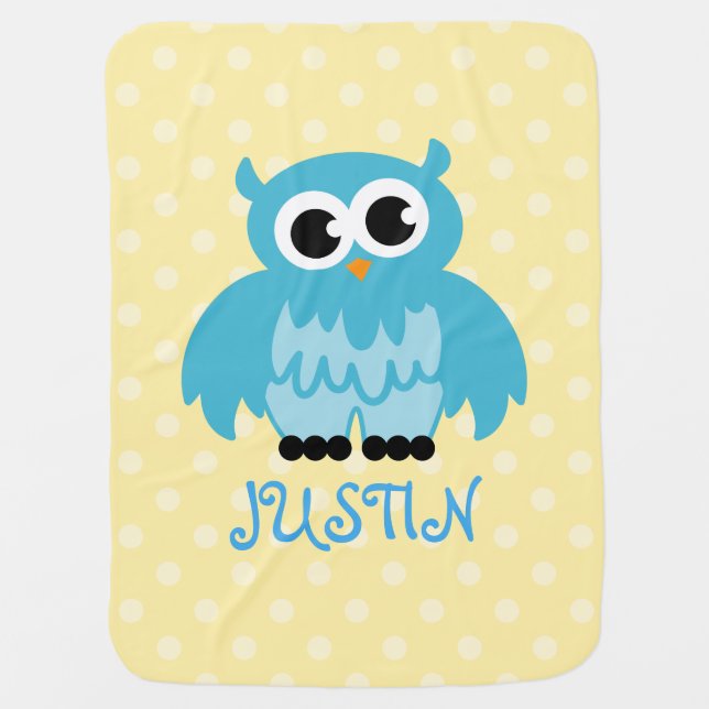Personalized baby blanket in cute blue owl bird (Front)