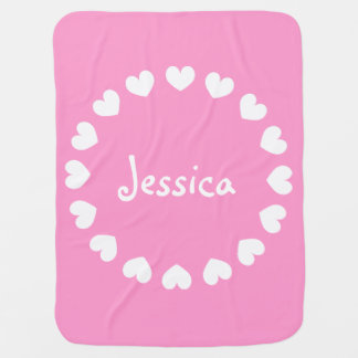 Personalized baby blanket in pink and white hearts