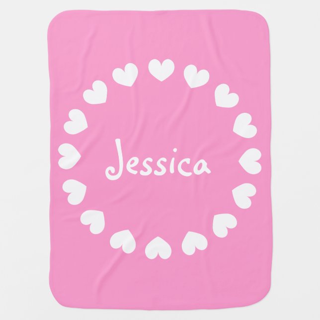 Personalized baby blanket in pink and white hearts (Front)