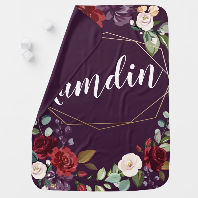 Personalized Baby Blanket Plum Purple Roses Gold G (In Situ)