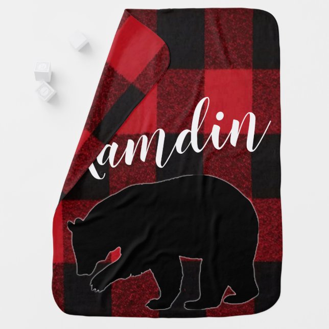 Personalized Baby Blanket Red Buffalo Plaid Bear (In Situ)