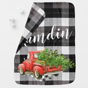 Personalized Baby Blanket XMAS Truck Buffalo Plaid