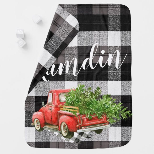 Personalized Baby Blanket XMAS Truck Buffalo Plaid (In Situ)