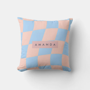 Personalized Baby Blue and Peach Wavy Checkered Throw Pillow