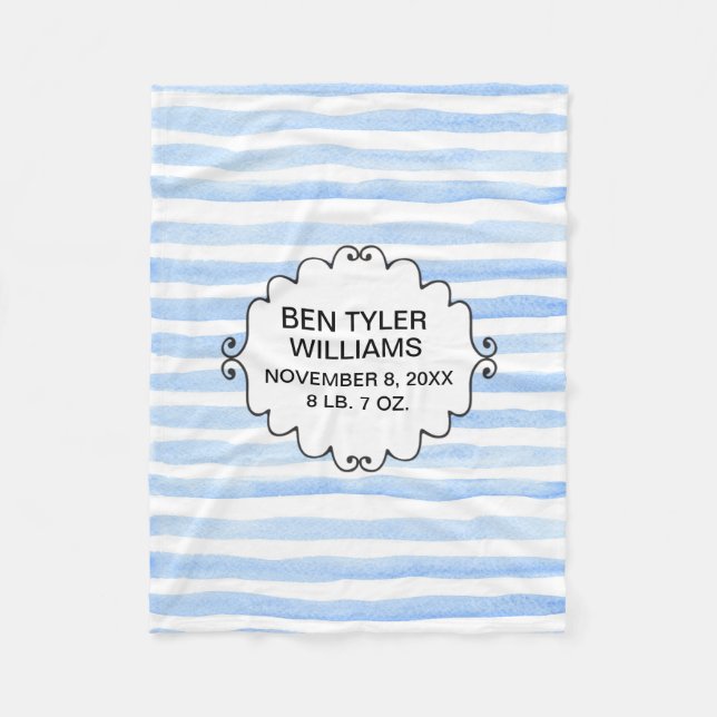 Personalized Baby Blue and White Striped Fleece Blanket (Front)