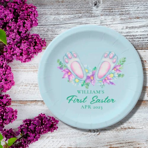 Personalized Baby Blue Bunny Feet My First Easter  Paper Plates