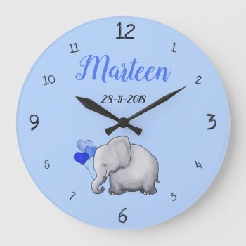 Personalized Baby Blue Cute Elephant Nursery Large Clock by EleSil at Zazzle