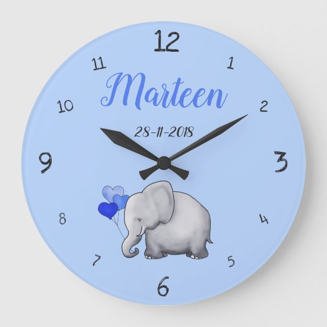 Personalized Baby Blue Cute Elephant Nursery Large Clock (Front)