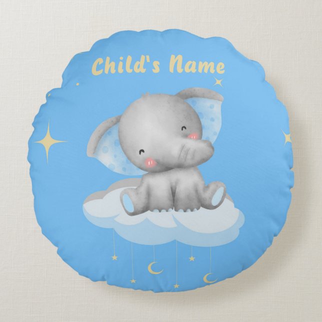 Personalized Baby Blue Elephant Round Pillow (Front)