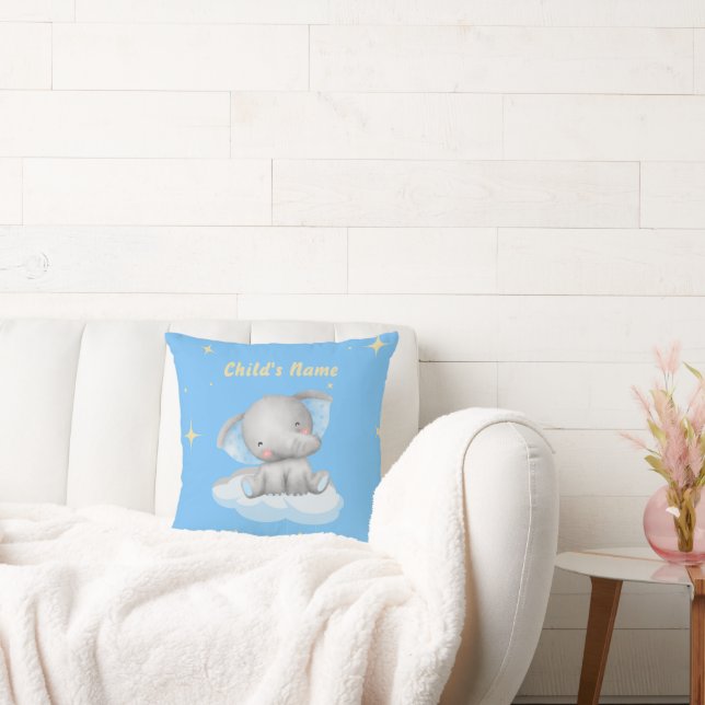 Personalized Baby Blue Elephant Throw Pillow (Couch)