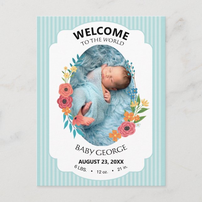 personalized baby blue floral Birth announcements (Front)