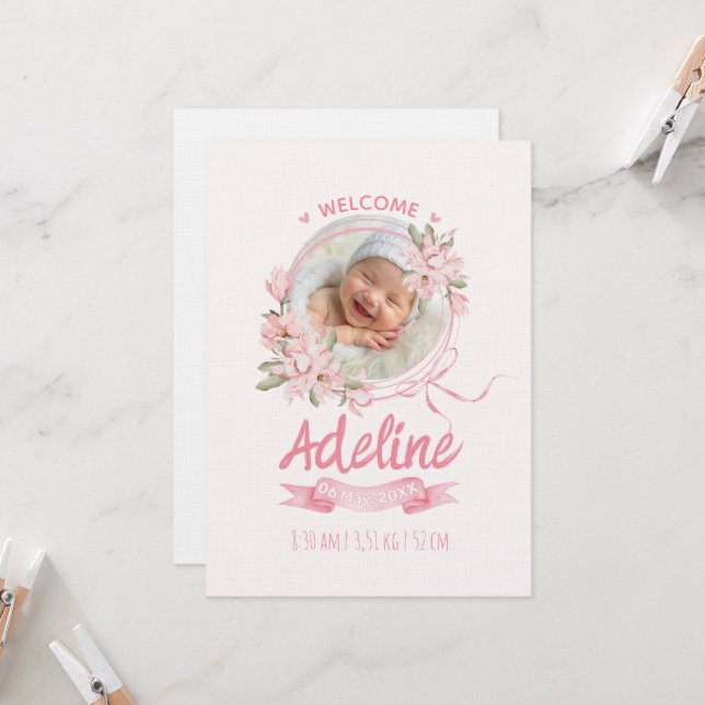 personalized baby blue floral Birth announcements (Front/Back In Situ)