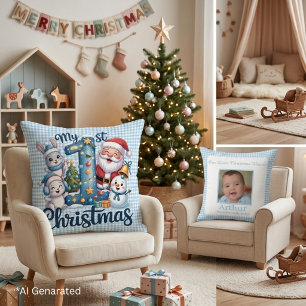 Personalized Baby Blue Gingham My First Christmas Throw Pillow