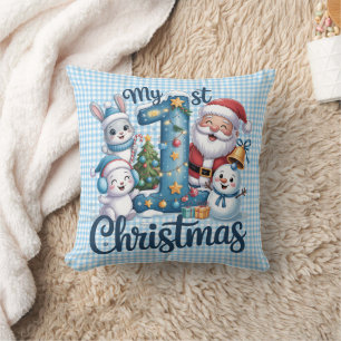Personalized Baby Blue Gingham My First Christmas Throw Pillow