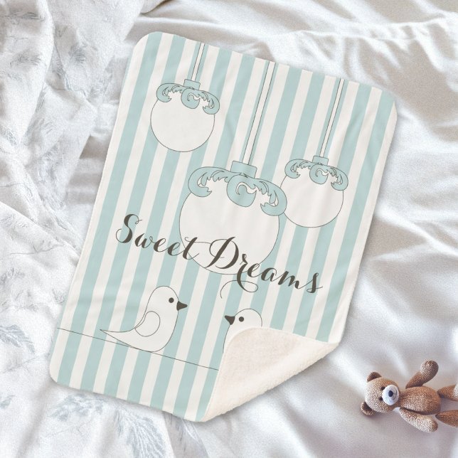 Personalized Baby Blue Stripe Cute Birds Kids Sherpa Blanket (Creator Uploaded)