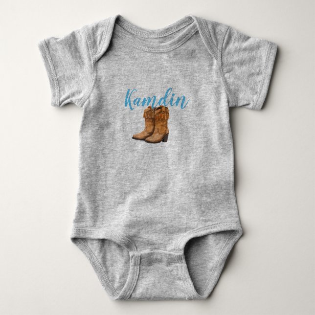Personalized Baby Body Suit Blue Wood Barn Door Bo Baby Bodysuit (Front)