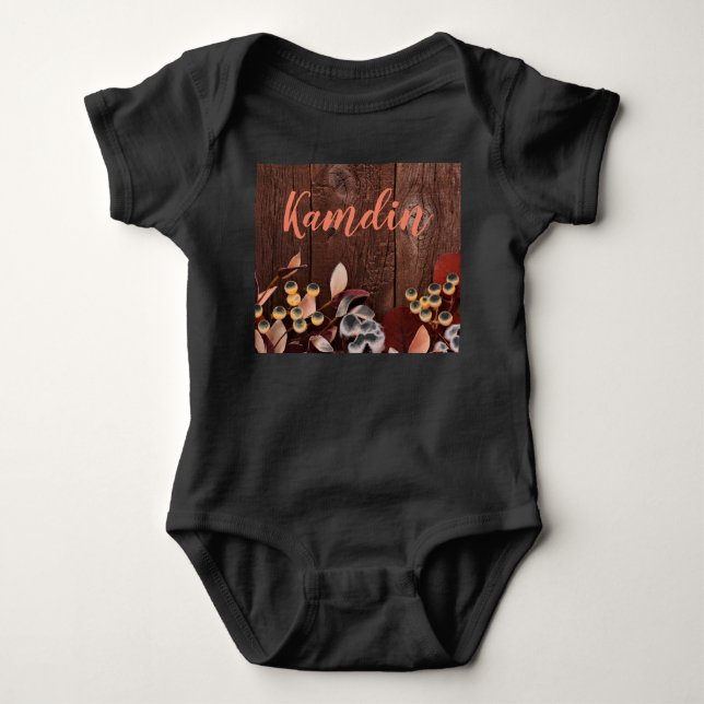 Personalized Baby Body Suit Cotton Branch on Dark Bodysuit (Front)