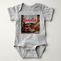 Personalized Baby Body Suit Cowboy Boots Barn Wood Baby Bodysuit