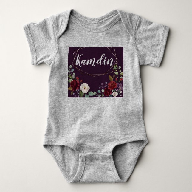 Personalized Baby Body Suit Plum Purple Roses Gold Bodysuit (Front)