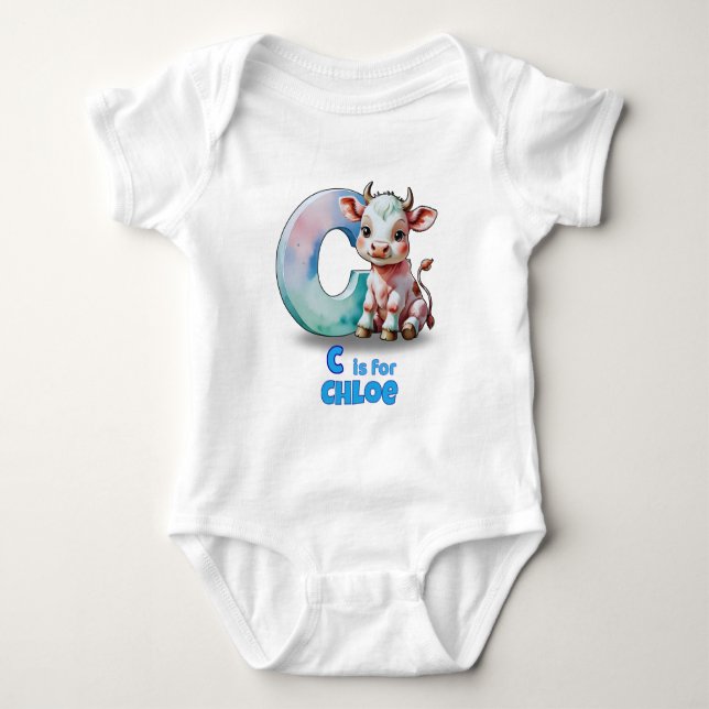 Personalized Baby Bodysuit – C is for Cow (Front)