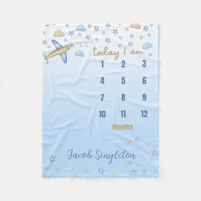 Personalized Baby Boy Airplane Milestone Blanket (Front)