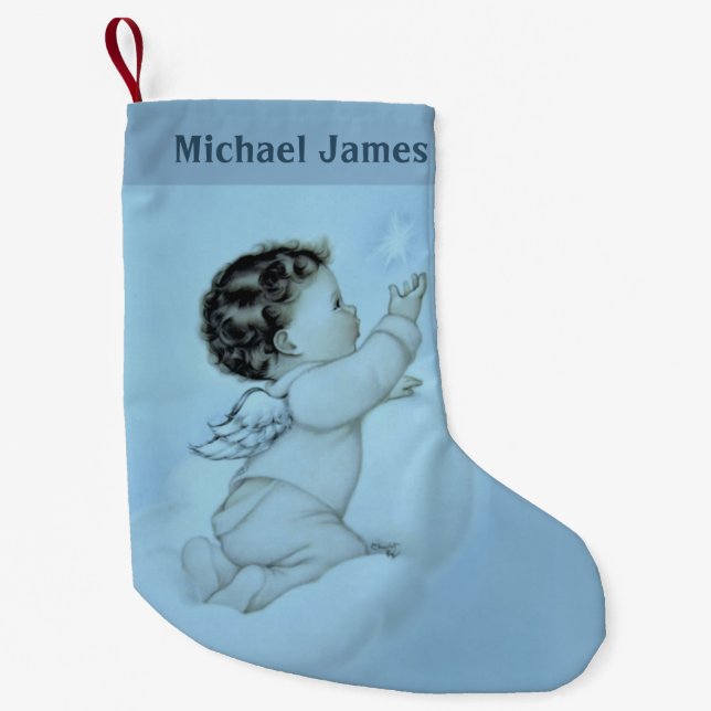 Personalized Baby Boy Angel Small Christmas Stocking (Front)