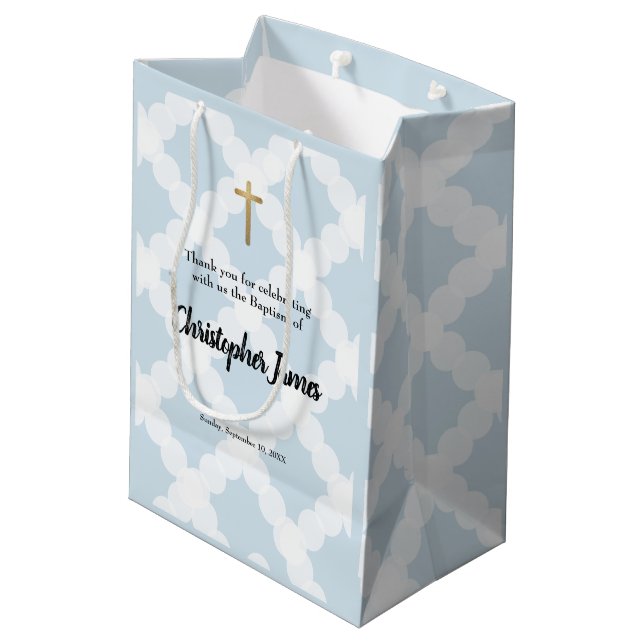 Personalized Baby Boy baptism Blue Gold Cross  Medium Gift Bag (Back Angled)