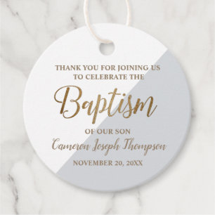 Personalized Baby Boy Baptism Gold Grey Thank You Favor Tags