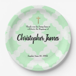 Personalized Baby boy   Baptism Green   gold cross Paper Plates