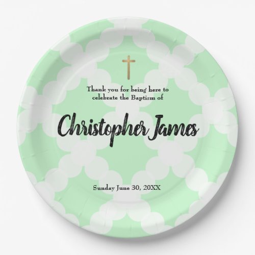 Personalized Baby boy  Baptism Green  gold cross Paper Plates