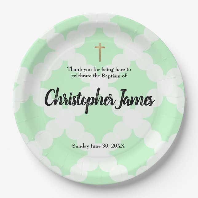 Personalized Baby boy | Baptism Green | gold cross Paper Plates (Front)