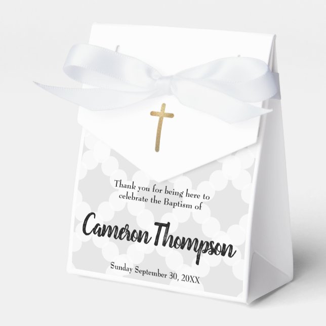 Personalized Baby Boy Baptism Grey Gold Cross Favor Boxes (Front Side)