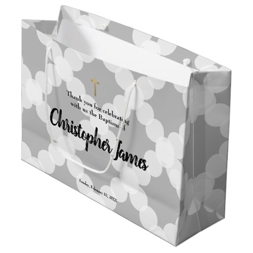 Personalized Baby Boy baptism Grey Gold Cross Large Gift Bag