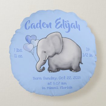 Personalized Baby Boy Birth Stat Elephant Nursery Round Pillow by EleSil at Zazzle