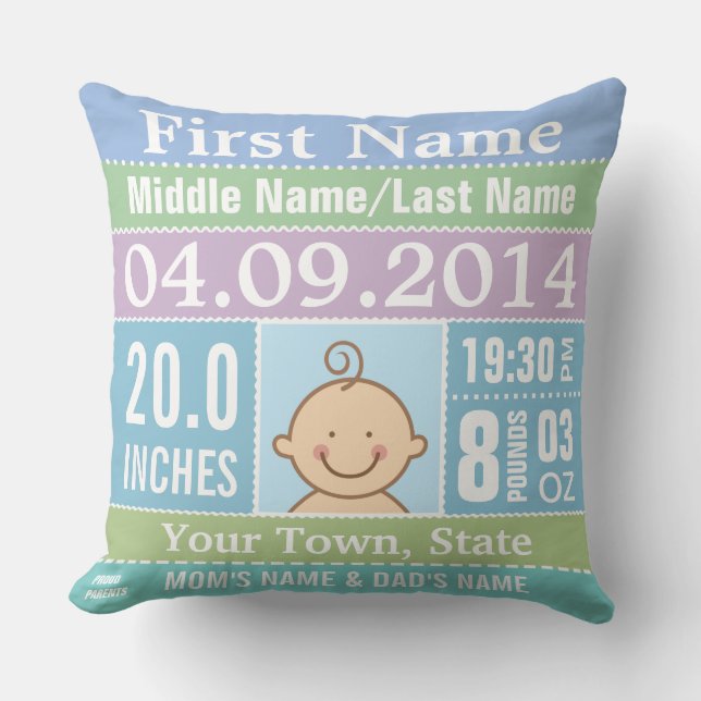 Personalized Baby Boy Birth Stats Pillow (Front)