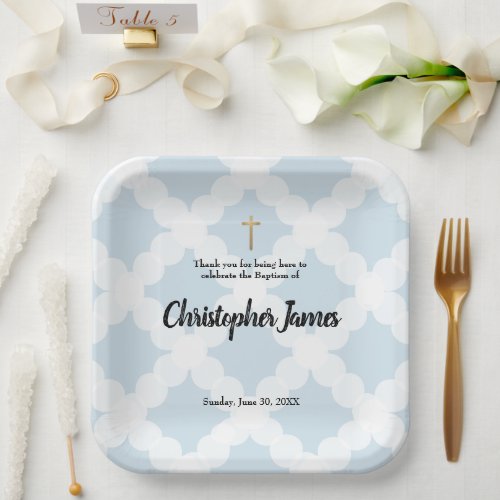 Personalized Baby boy blue Baptism  gold cross Pa Paper Plates