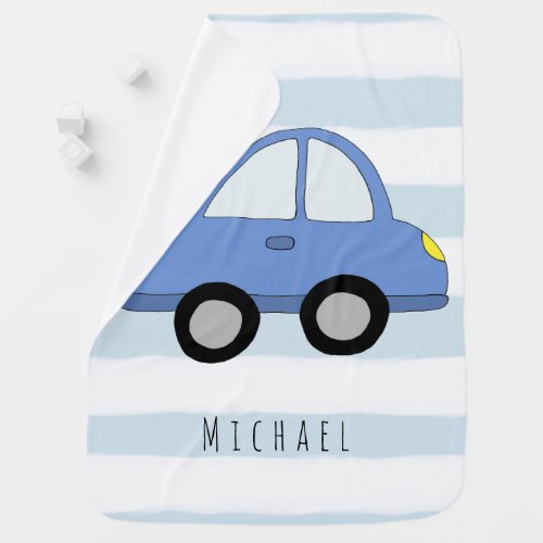 Personalized Baby Boy Blue Car Vehicle with Name Stroller Blanket