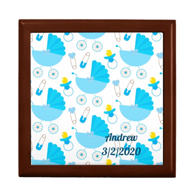 Personalized Baby Boy Blue Carriages Keepsake Gift Box (Front)