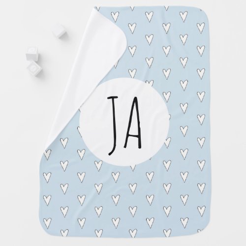 Personalized Baby Boy Blue Heart Pattern Monogram Swaddle Blanket