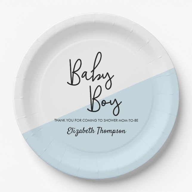 Personalized Baby Boy Blue Modern Baby Shower Paper Plates (Front)