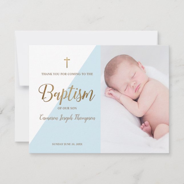 Personalized Baby Boy Blue Photo Baptism Thank You (Front)