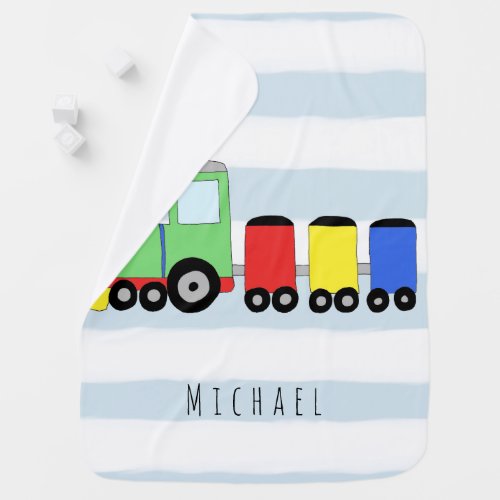 Personalized Baby Boy Colorful Train with Name Receiving Blanket