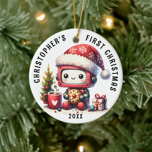 Personalized Baby Boy First Christmas Cute Robot Ceramic Ornament (Tree)