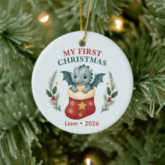Personalized Baby Boy First Christmas Dragon Ceramic Ornament
