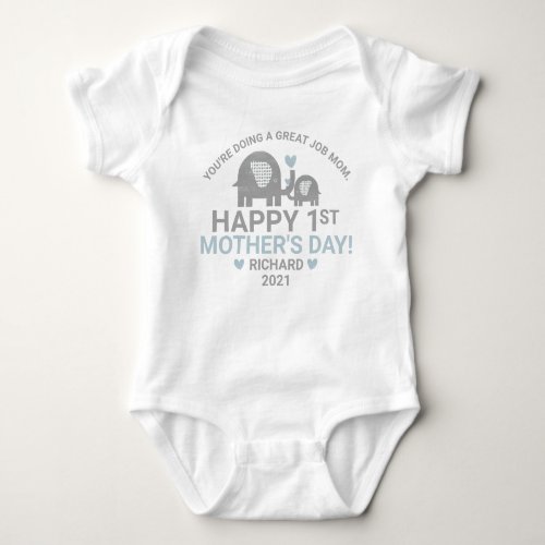 Personalized Baby Boy First Mothers Day Elephant Baby Bodysuit